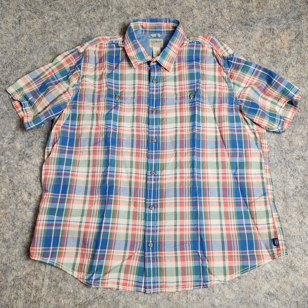 LL Bean Linen Blend Shirt Men XL Blue Multicolor Scotch Plaid Short Sleeve